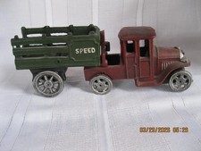 Vintage Cast Iron Toy Truck With Green " SPEED " Dump Bed Trailer - HEAVY
