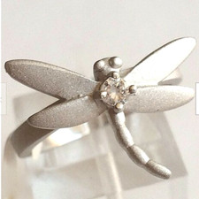 Vtg Silver Dragonfly Cocktail Ring Cubic Zirconia Plated Size 5 Insect Butterfly