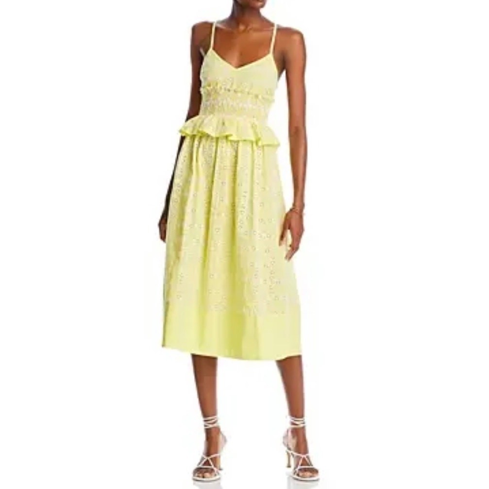 NWT CINQ À SEPT Cotton Debie Eyelet Peplum Midi Dress Dayglow Sz 10