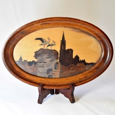 Quadro intarsio tedesco anni '40 - cicogne sui tetti - vassoio vanità - cavalletto espositore