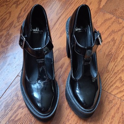 Shellys London Black Patent Leather Platform Block Heel Straps Buckle Shoes