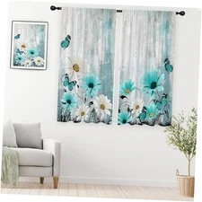 Blue White Daisy Curtains Room 42"W x 63"L (Pack of 2) Blue and White Daisy