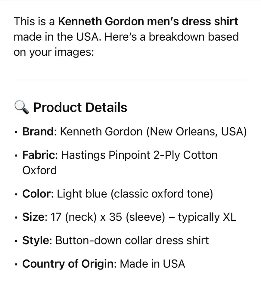 Kenneth Gordon Hastings Pinpoint Oxford Shirt 17 35 Blue USA Made Button Down - Image 2 of 4