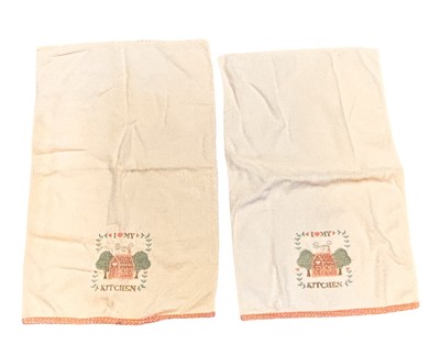 Vtg Embroidered Appliqué Cotton Kitchen Dish Towel ''I Love My Kitchen'' Set of 2