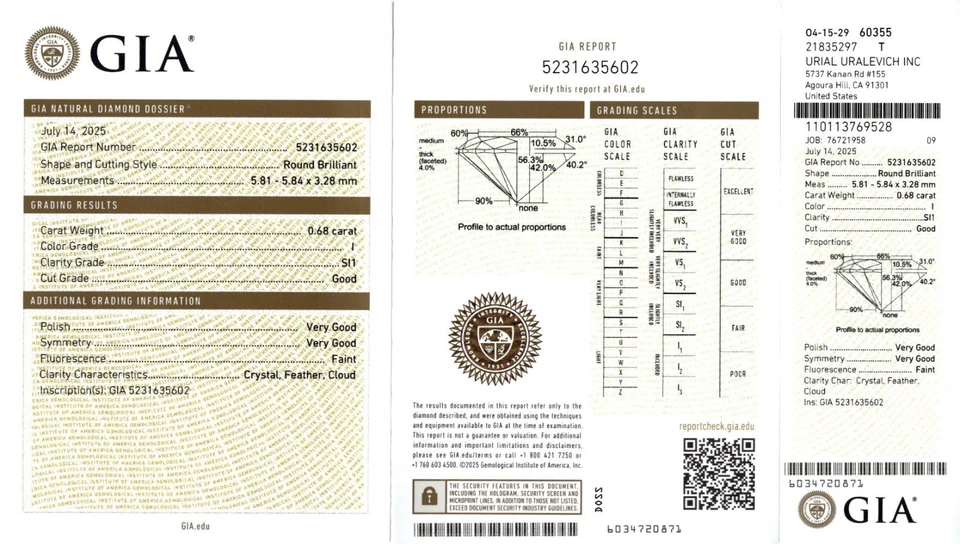 .68 ct Carat Round Brilliant Cut GIA Dossier I/SI1 Loose Natural Diamond B9734 - Image 4 of 4