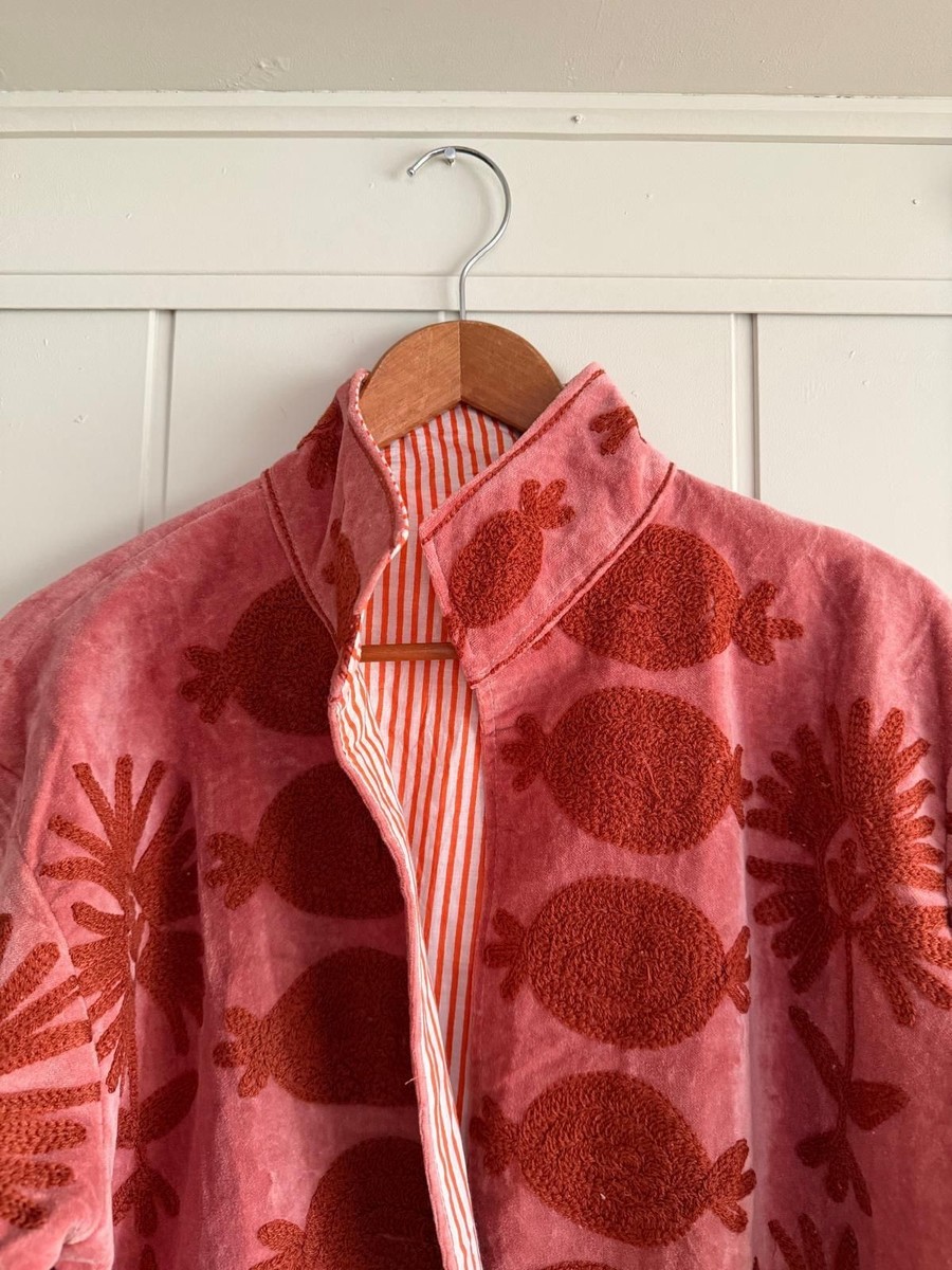 Handmade Red Velvet Embroidered Jacket Boho Floral Festival Wear View 3