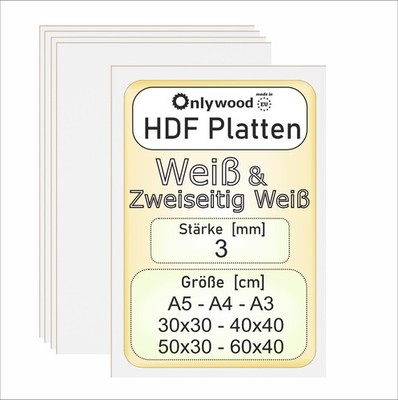 HDF MDF Platten - 3mm - Weiβ   Holzplatten - Lackiert - für Laser/CNC - Onlywood