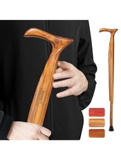 Ergonomic Wooden Walking Cane for Seniors - Heavy Duty, 3 Rubber Tips,Brown