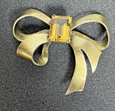 Eisenberg Original Gold Tone Sterling Silver Bow large golden stone- Brooch -