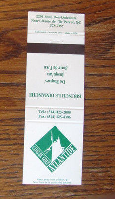 ATLANTIDE GOLF CLUB MATCHBOOK COVER: NOTRE-DAME DE L'ILE PERROT, QC MATCHCOVER M
