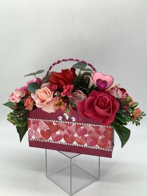Handmade Valentines Day Pink Red Heart Purse Floral Arrangement Centerpiece