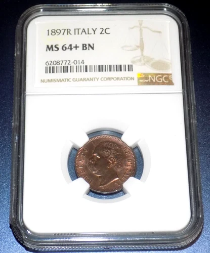 1897R ITALY 2 CENTESIMI NGC MS 64 + MS64+ Italian 2C Certified Graded UNC Coin 