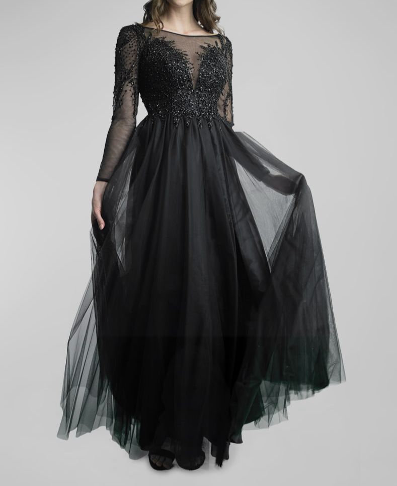 $495 Basix Black Label Women's Black Beaded Illusion Bateau Neck Dress Size  2