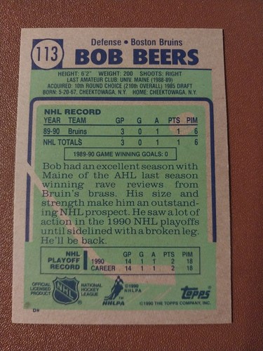 1990 BOB BEERS TOPPS NHL HOCKEY ROOKIE CARD RC #113 BOSTON BRUINS - Picture 2 of 2