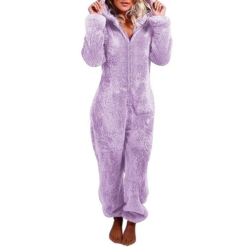 Damen Pyjama Jumpsuit mit Kapuze Winter Warm Teddybär Schlafanzug Plüsch Overall - Bild 22 von 23
