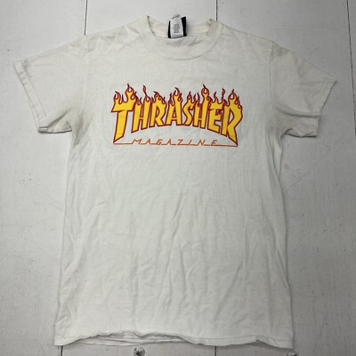 Vintage Y2K Thrasher Magazine White Graphic T-Shirt Skate Men's Size Small