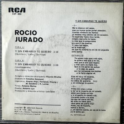 Rocio Jurado, Y Sin Embargo Te Quiero, 1983 Spanish Promo 7