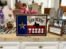 Rustic Handmade Wooden Texas Flag 12"x16" God Bless Texas Full Color Art Piece.