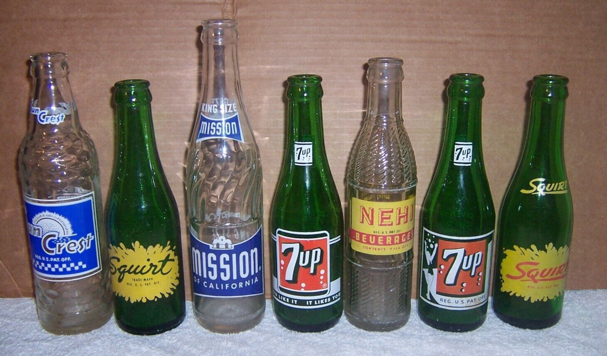 Lot/Collection of 7 Vintage Glass Soda Bottles 7up Mission Squirt