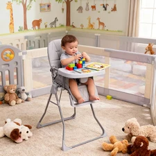 Foldable Baby High Chair w/ 5-Point Harness, Adjustable Height, Recline Seat