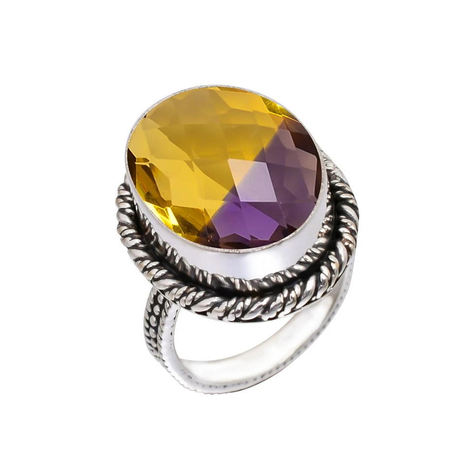 Elegante anillo de plata de ley 925 maciza con piedras preciosas de ametrino, joyería vintage V7752 Foto 3 de 4