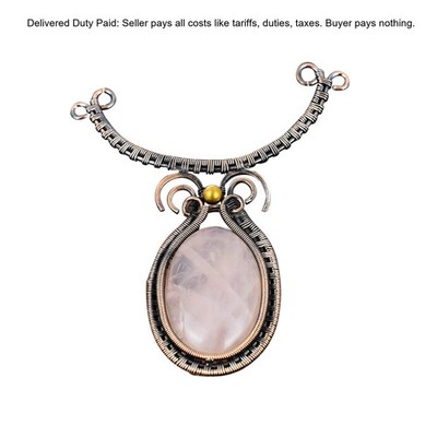 Oval Rose Quartz Gemstone Copper Birthday Chain Wire Wrapped Necklace Jewelry