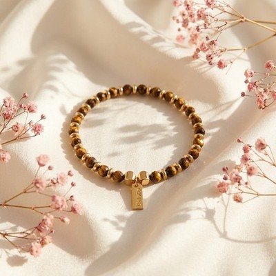Chlobo Herren Armband Gold Tigerauge Schmal Rund