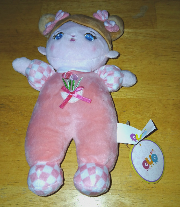 QUOZZZ PINK RATTLE PLUSH VELOUR DOLL-NWT-11" TALL-CUTE AND CUDDLY