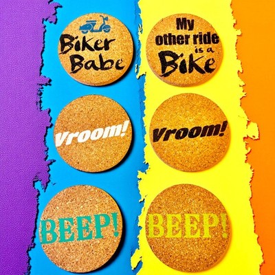 Cypress Home Absorbent Cork Car 6 Coasters Biker Babe Vroom! Peep! NEW