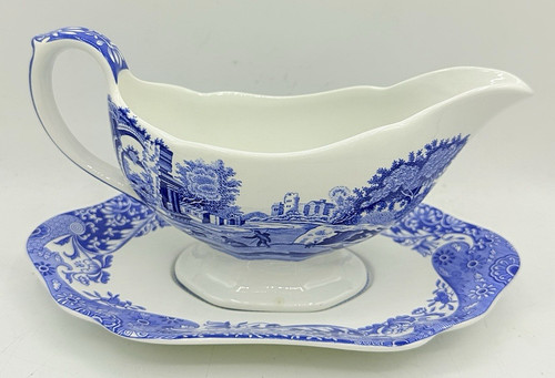 Vintage SPODE Blue Italian Gravy Boat w/ Underplate English Porcelain Serving