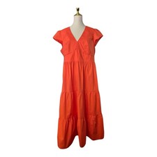 Boden May Cotton Midi Tea Dress Mandarin Orange Tiered V-Neck Cap Sleeve 14-16R