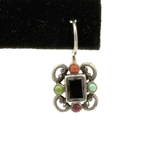 Sterling Silver 925 Multi Gemstone Earrings NA Onyx Coral Dangle Signed - Picture 5 of 11