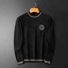 Luxury Men Fashion Knitted Embroidery Winter Black Crew Neck Sweatshirt Pullover