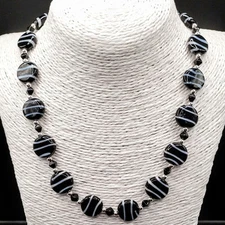 Black White Disc Stripe Bead Necklace Coin Shape Round Beads Black Bicones Boho