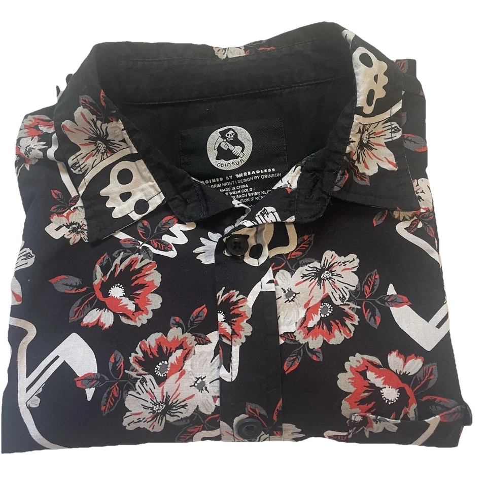 Camisa THREADLESS Obinsun média BOTÃO PARA CIMA MANGA CURTA Outra Noite Sombria, Caveira - Imagem 2 de 4