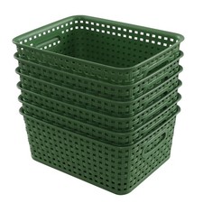 6 PCS Deep Green Plastic Kitchen Woven Storage Baskets Organizer Bin Set