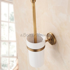 Antique Bronze Wall Mount Toilet Brush Holder Kit Ceramic Cup Bathroom Cleaning