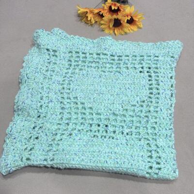 Vintage Handmade Crochet Mint Green Blue Hearts Patterns Cute Blanket Knit Throw