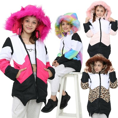Kinder Mädchen Kapuze Kontrast Panel Puffer Mantel Kunstfell Jacke Neu Mode