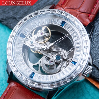 Mens Silver Automatic Mechanical Watch Bridge Iced Out Cubic Red Leather Strap