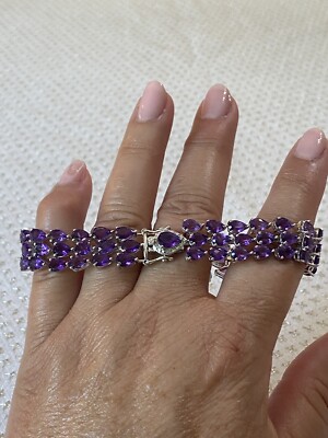 Macy's Sterling Silver 28cttw Amethyst & Diamond Accent Clasp Three Row Bracelet