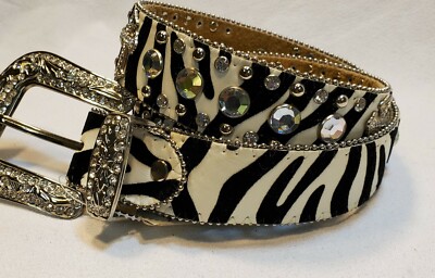 Zebra Pint Belt with Crosses and sparkles Ladies zebra leather belt with clear rhinestones, cross  main image 2