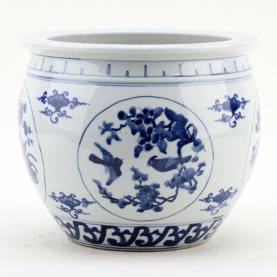 Porcelain Blue And White Birds Garden Scene Planter
