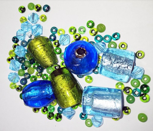 Vintage Foil Beads Mix Sizes and Shapes Olive & Blue As Imaged Lot BB16-94