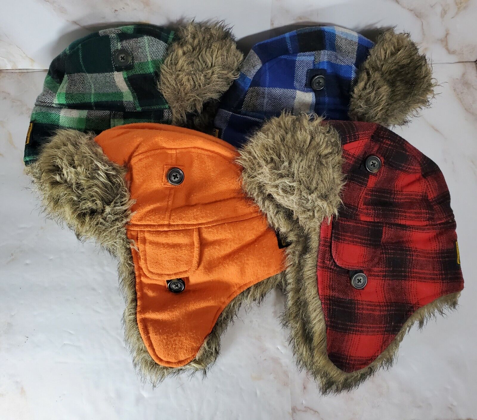 American Eagle Men's Trapper Hat Lot Of 4 Red, Blue, And Green Plaid With  Orange