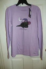 NWT Life is Good Black Magic Witch Cat Women's Large Crusher Purple L/S T-shirt