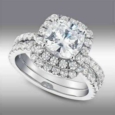200Ct Cushion Cut Simulated Diamond Wedding Bridal Ring Set White Gold Plated