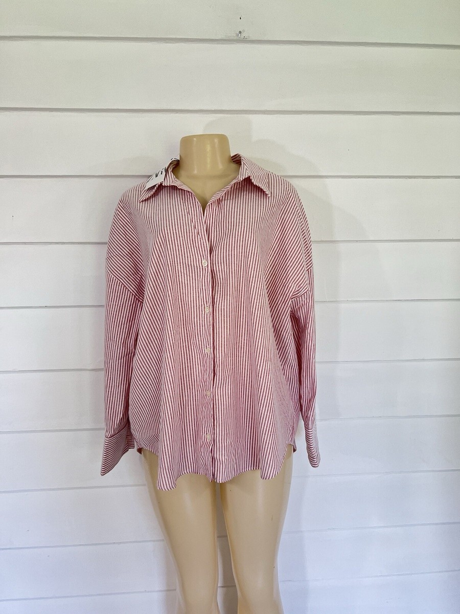 New ZARA Woman Red White striped V neck poplin shirt
