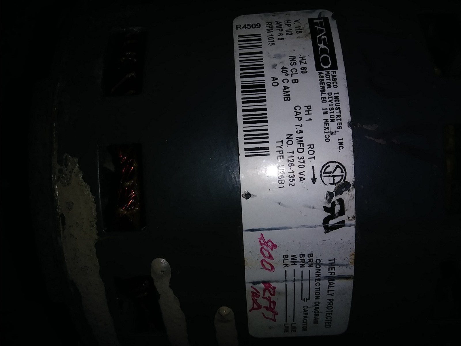 Motor Fasco Blower Type U26B1 1/2 HP 115 VAC 1 PH 1075 RPM Frame 48