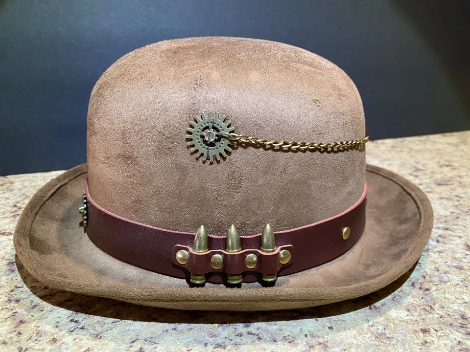 蒸汽朋克德比帽棕色人造麂皮绒男式均码齿轮角色扮演万圣节 — 第 3/4 张图片
